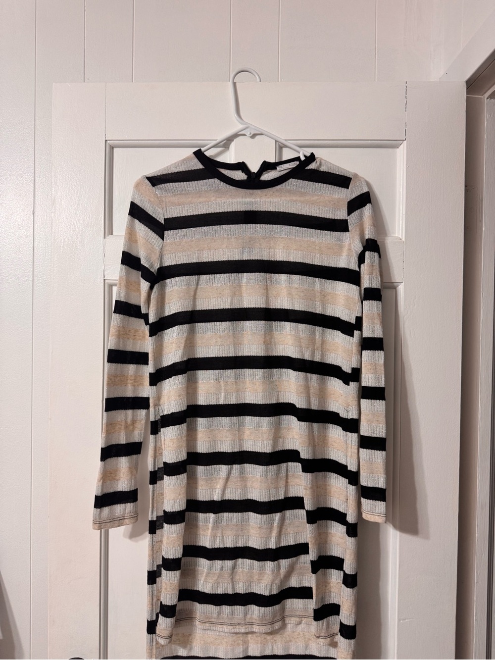 Zara Black & Cream Striped Crewneck Sweater Dress